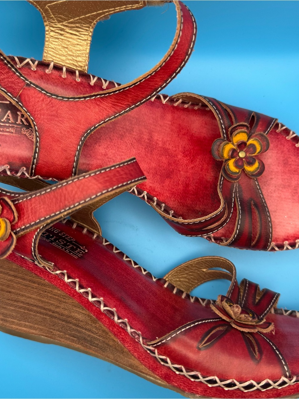 Spring Step L’Artiste Lilith Red Leather Boho Wedge Floral Sandals EU 40 9.5